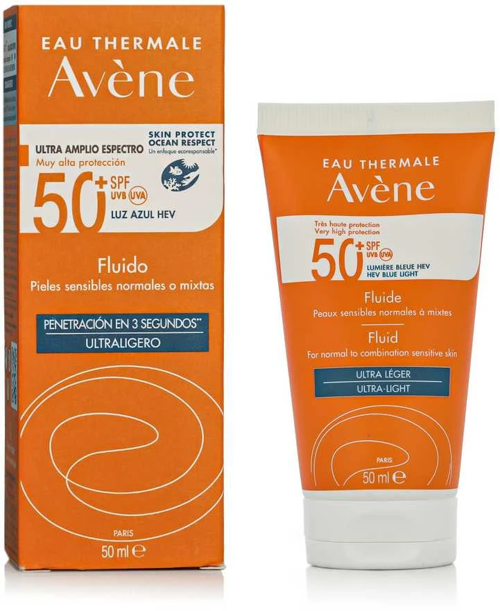 aukšto lygio apsaugos priemonė nuo saulės jautriai normaliai mišriai odai Avène Fluid SPF50+ 50ml