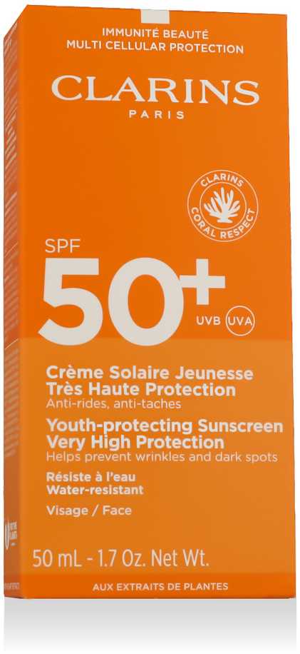 Clarins Youth-Protecting Sunscreen Very High Protection SPF 50+ apsauginis veido kremas nuo saulės, 50 ml