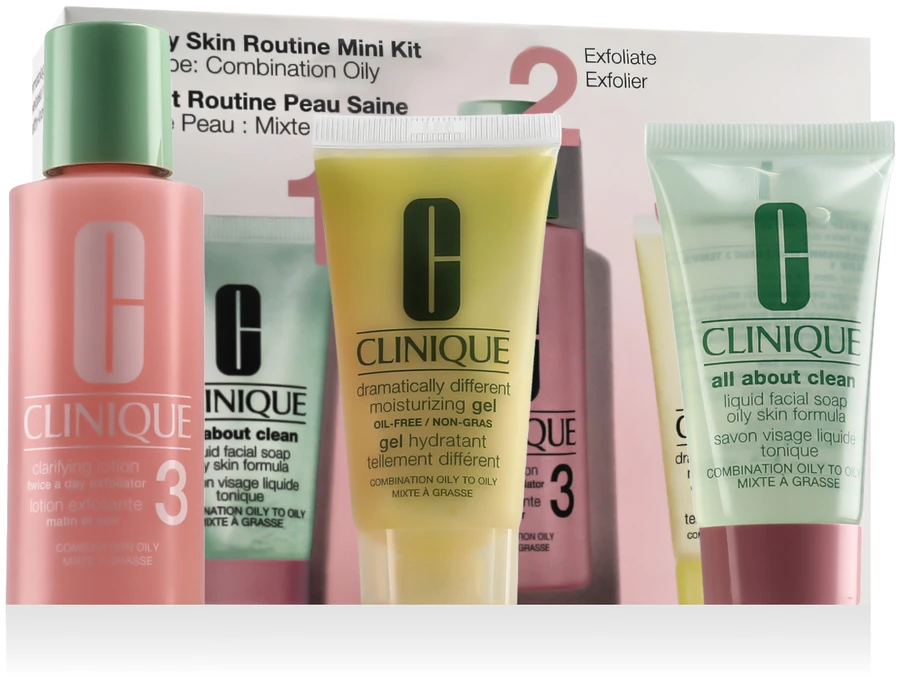 „Clinique“ rinkinys (Gaivinantis losjonas „3“ du kartus per dieną naudojamas šveitiklis, 60 ml + Gaivantis losjonas „3“ du kartus per dieną naudojamas šveitiklis, 60 ml + „Dramatically Differen“ drėkinamasis gelis be aliejaus, 30 ml)