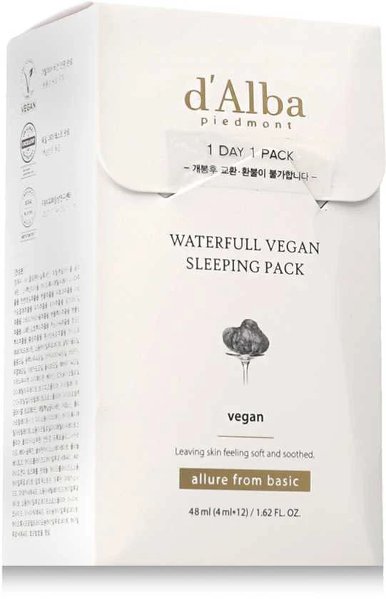 d'Alba Baltas Truffle Waterfull Vegan Sleeping Pack naktinė veido kaukė su baltaisiais triufeliais, 12 x 4 ml