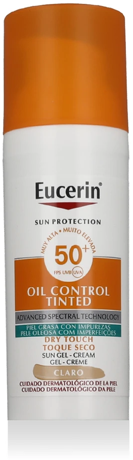 Eucerin Oil Control Dry Touch Gel Cream SPF 50+ Tinted Light apsauginis kremas nuo saulės su atspalviu, 50 ml