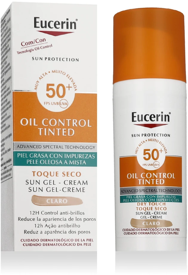 Eucerin Oil Control Dry Touch Gel Cream SPF 50+ Tinted Light apsauginis kremas nuo saulės su atspalviu, 50 ml