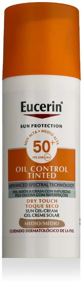 Eucerin Oil Control Dry Touch Gel Cream SPF 50+ Tinted Medium apsauginis kremas nuo saulės su atspalviu, 50 ml