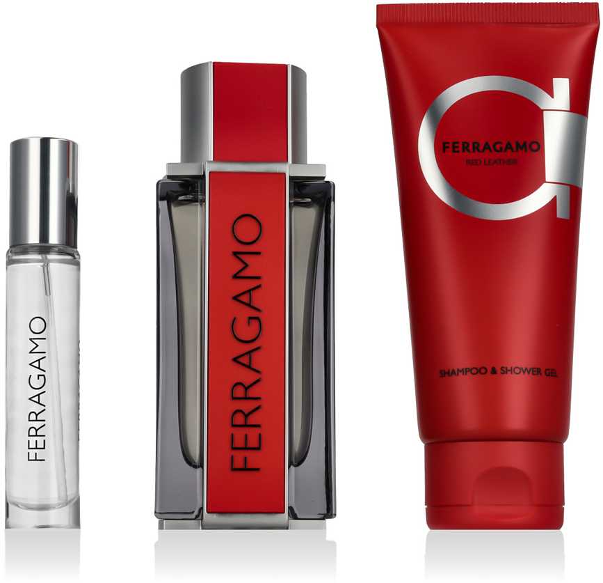 Salvatore Ferragamo Ferragamo Ferragamo Raudona Leather rinkinys vyrams (EDP, 100 ml + šampūnas ir dušo želė, 100 ml + EDP, 10 ml)