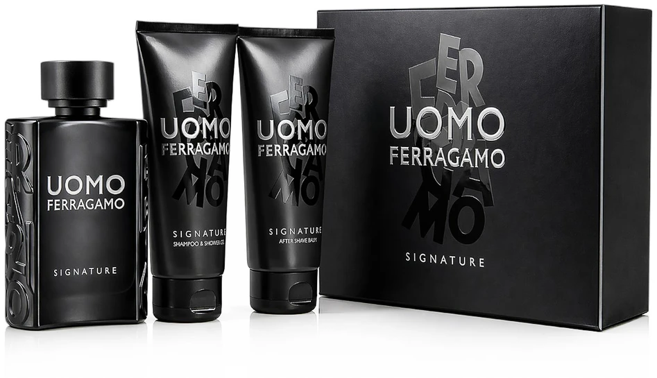 Salvatore Ferragamo Ferragamo Uomo Signature rinkinys vyrams (EDP, 100 ml + šampūnas ir dušo želė, 100 ml + balzamas po skutimosi, 100 ml)