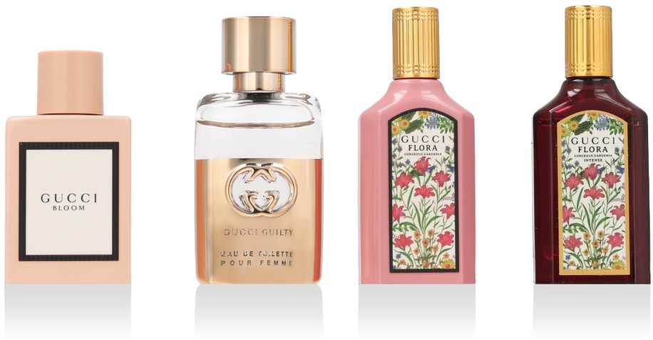 Gucci Mini Set EDP rinkinys moterims (EDP Bloom 5 ml + EDP Flora Gorgeous Gardenia 5 ml + EDP Flora Gorgeous Gardenia Intense 5 ml + EDT Guilty Pour Femme 5 ml)