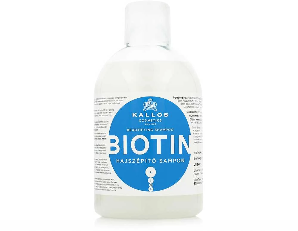 Skatinantis plaukų augimą šampūnas Kallos Biotin 1000ml ploniems silpniems ir blizgesį praradusiems plaukams