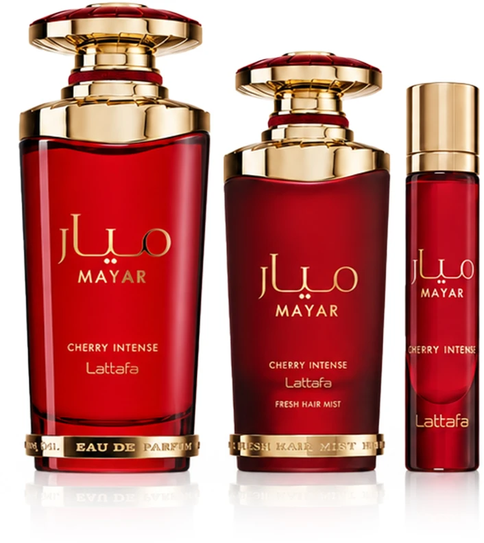 Lattafa Perfumes Mayar Cherry Intense Dárková sada EDP 100 ml, miniaturka EDP 12 ml a vlasová mlha 50 ml