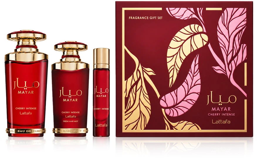 Lattafa Perfumes Mayar Cherry Intense Dárková sada EDP 100 ml, miniaturka EDP 12 ml a vlasová mlha 50 ml