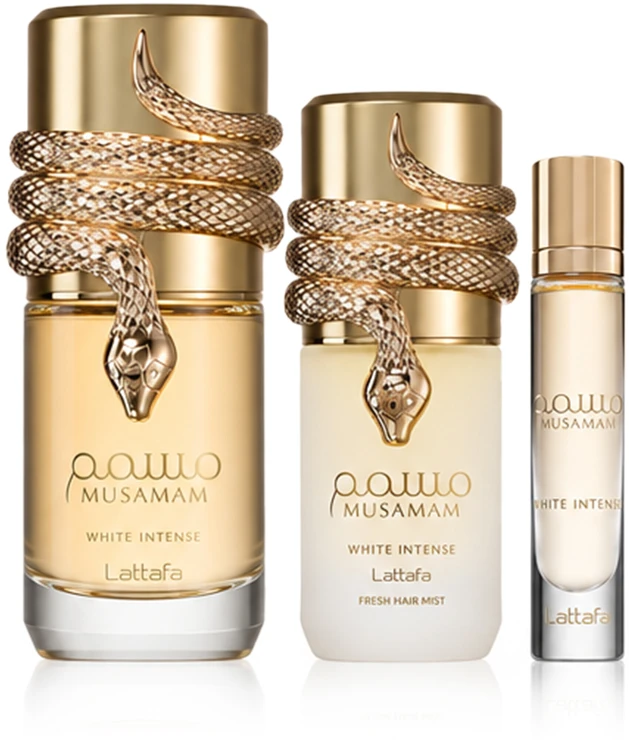 Lattafa Perfumes Musamam Baltas Intense Dárková sada EDP 100 ml, miniaturka EDP 12 ml a vlasová mlha 50 ml