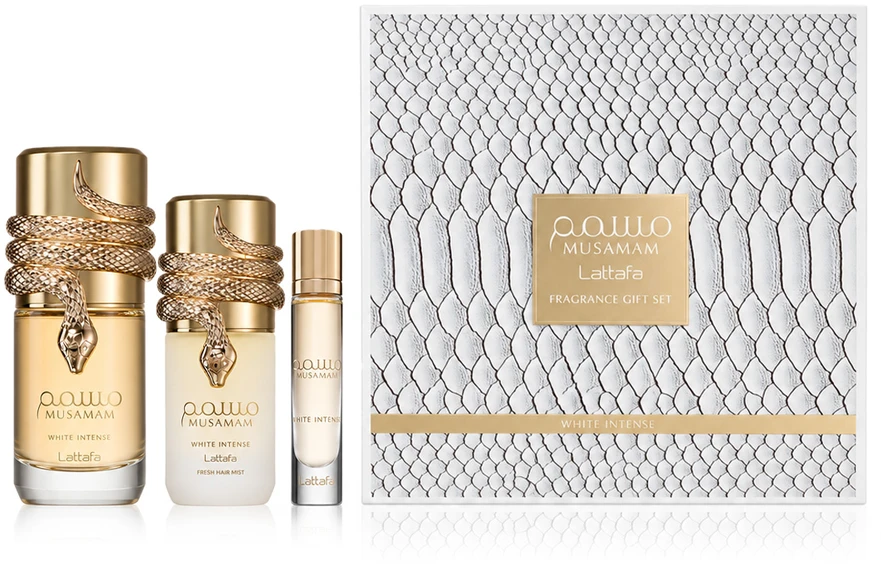 Lattafa Perfumes Musamam Baltas Intense Dárková sada EDP 100 ml, miniaturka EDP 12 ml a vlasová mlha 50 ml