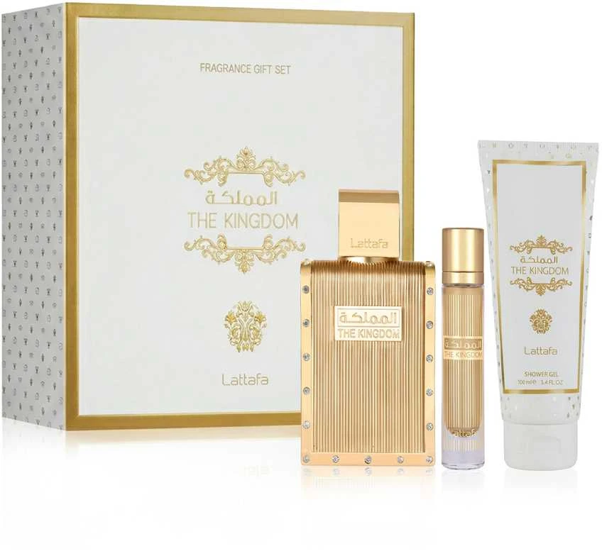 Set Lattafa The Kingdom Men EDP 100ml + EDP 12ml + Dušo želė 100ml