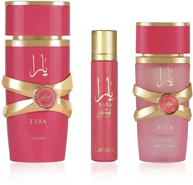 Set Lattafa Yara Candy EDP 100ml + 12ml EDP + Plaukų rūkas 50ml