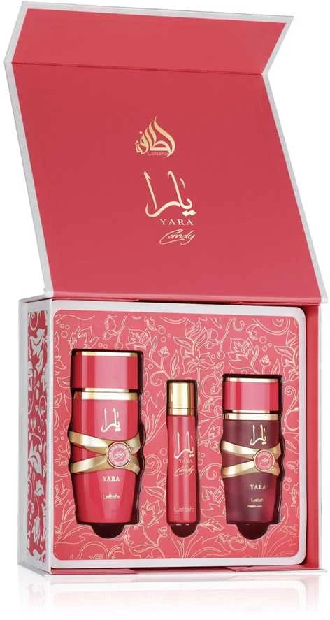 Set Lattafa Yara Candy EDP 100ml + 12ml EDP + Plaukų rūkas 50ml