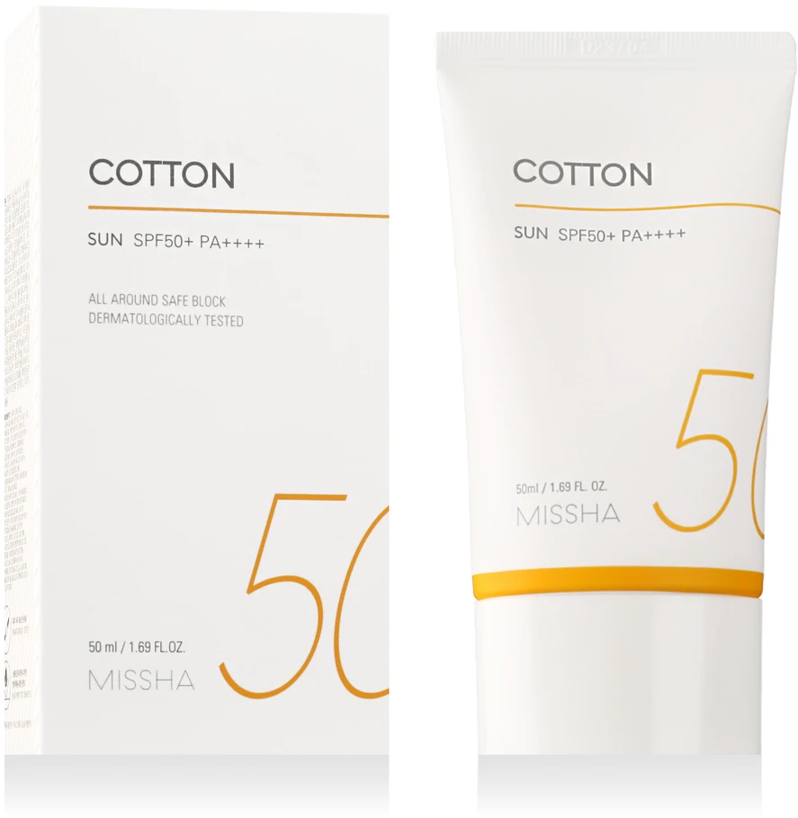 Missha All Around Safe Block Cotton Sun SPF 50+ matinį efektą suteikiantis veido kremas nuo saulės, 50 ml