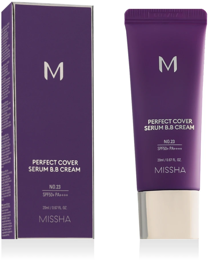Missha M Perfect Cover Serum B.B. Kreminis daugiafunkcis serumo pagrindo BB veido kremas, atspalvis: 23 Natural rusvai gelsvas, 20 ml