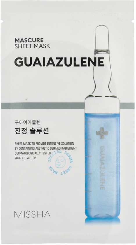 Missha Mascure Calming Solution Guaiazulene Sheet Mask raminanti ir atkurianti lakštinė veido kaukė, 28 ml