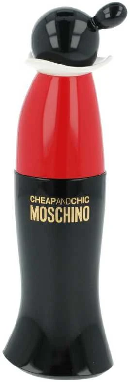 Moschino užrašas ant juodai raudono dezodoranto flakono