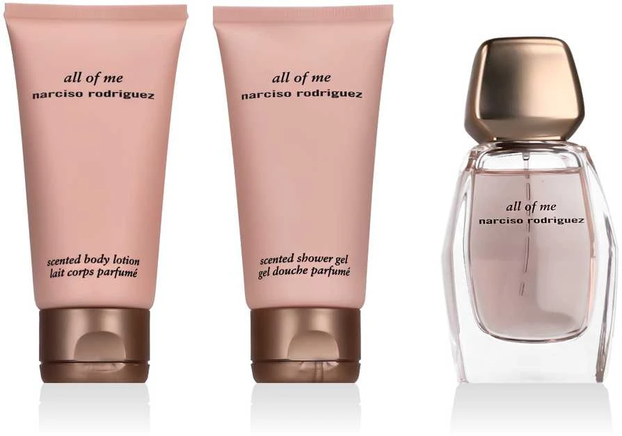 Rinkinys Narciso Rodriguez: „All Of Me“ moteriškas kvapusis vanduo, 50 ml + „All Of Me“ drėkinamasis losjonas kūnui, 50 ml + „All Of Me“ valomasis dušo želė visam kūnui, visiems odos tipams, 50 ml