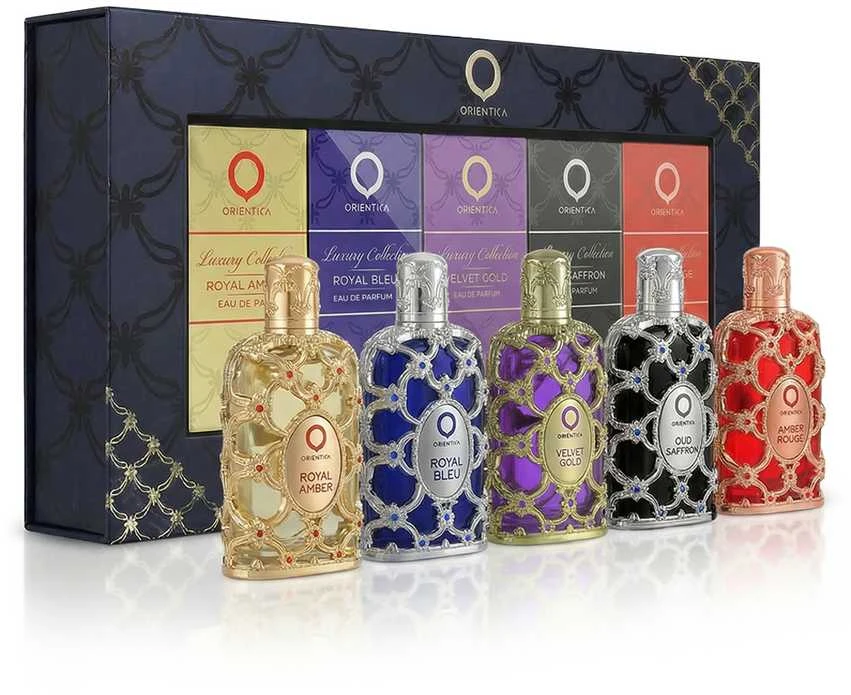 „Orientica Luxury Collection“ EDP rinkinys unisex (EDP „Royal Amber“ 7,5 ml + EDP „Royal Bleu“ 7,5 ml + EDP „Velvet Gold“ 7,5 ml + EDP „Oud Safron“ 7,5 ml + EDP „Amber Rouge“ 7,5 ml)