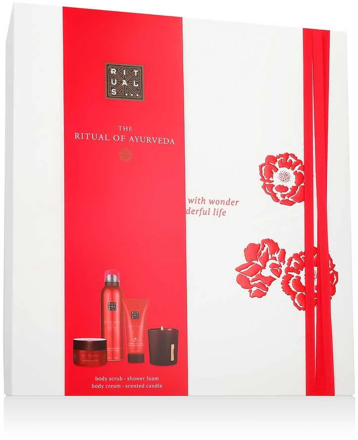 Dovanų rinkinys Rituals The Ritual of Ayurveda (125 g kūno šveitiklis + 100 ml kremas + 200 ml putojanti dušo želė + 140 g žvakė)