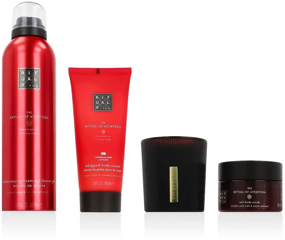 Dovanų rinkinys Rituals The Ritual of Ayurveda (125 g kūno šveitiklis + 100 ml kremas + 200 ml putojanti dušo želė + 140 g žvakė)