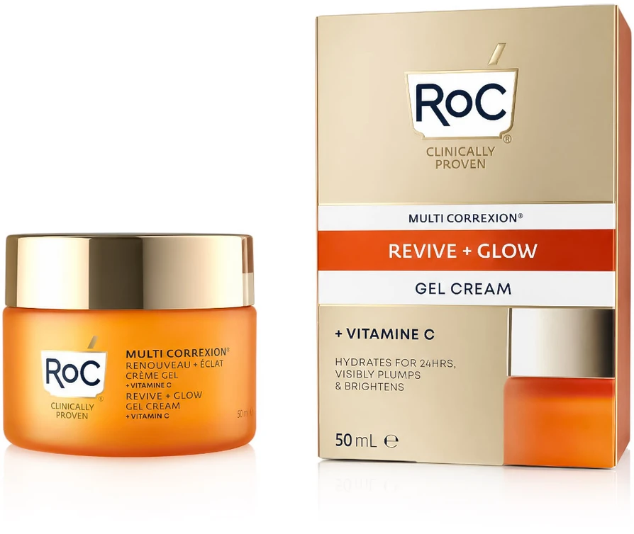 ROC Multi Correxion Revive & Glow Gel Kreminis spindesio suteikiantis gelinis kremas veidui, 50 ml