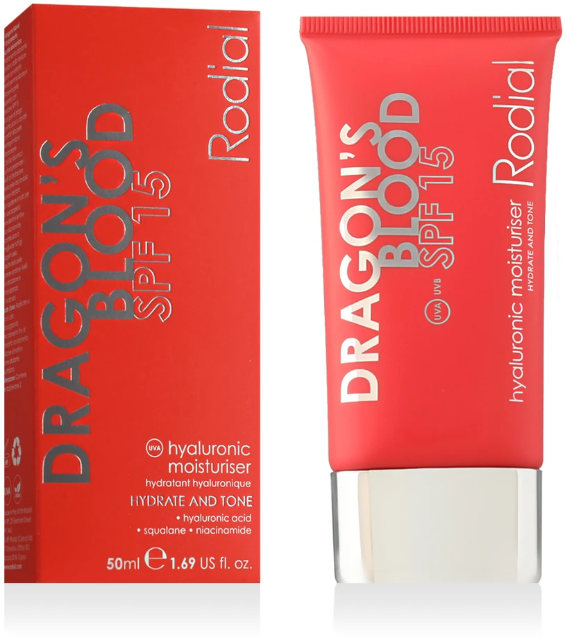 Rodial Dragons Blood Hyaluronic Moisturiser SPF 15 drėkinantis apsauginis veido kremas visų tipų odai, 50 ml
