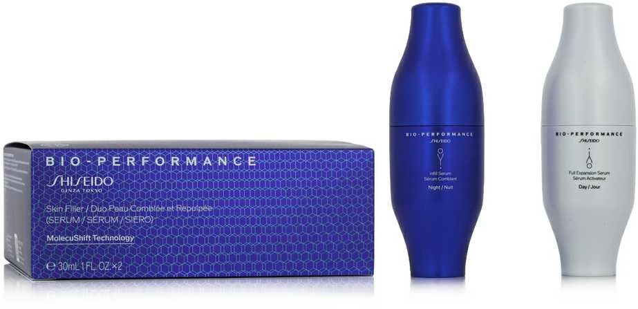 Rinkinys „Shiseido“: „Bio-Performance Infill Anti-Aging Night Serum for Facial“, 30 ml + „Bio-Performance Full Expansion Anti-Aging Day Serum for Facial“, 30 ml
