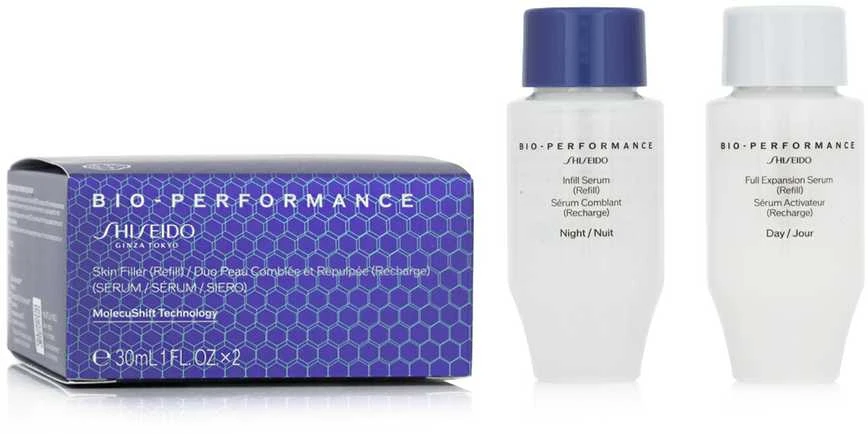 Rinkinys „Shiseido“: „Bio-Performance Skin Filler“ dieninis veido serumas, papildymas, 30 ml + „Bio-Performance Skin Filler“ naktinis veido serumas, papildymas, 30 ml