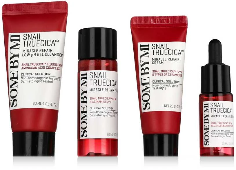 „Some By Mi“ – sraigių „Truecica Miracle Repair Starter Kit“ rinkinys, kelioninių dydžių dovanų dėžutė