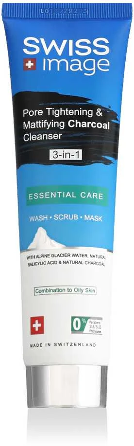 Swiss Image Essential Care Pore Tightening & Mattifying Charcoal Valiklis 3in1 daugiafunkcė priemonė mišriai ir riebiai veido odai, 100 ml