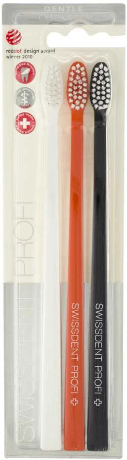 Swissdent Colours Gentle Extra-Soft Trio Toothbrushes ypač švelnūs dantų šepetėliai, spalva: Baltas, Juodas, Oranžinis, 3 vnt.