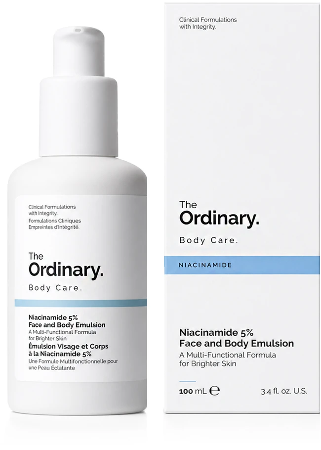 The Ordinary Niacinamide 5% Face And Body Emulsion odos atspalvį lyginanti lengva emulsija veidui ir kūnui, 100 ml