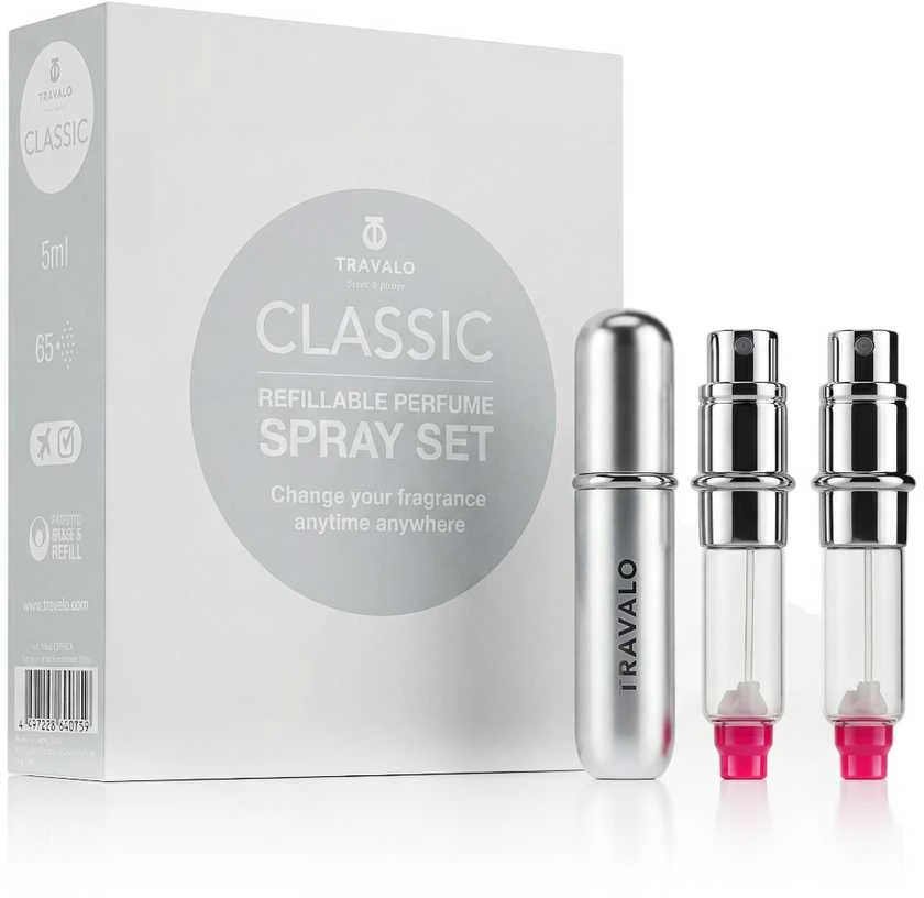 „Travalo Classic HD“ dovanų rinkinys Sidabrinis (daugkartinio pildymo kvepalų purkštuvas 3 x 5 ml dėžutėje)