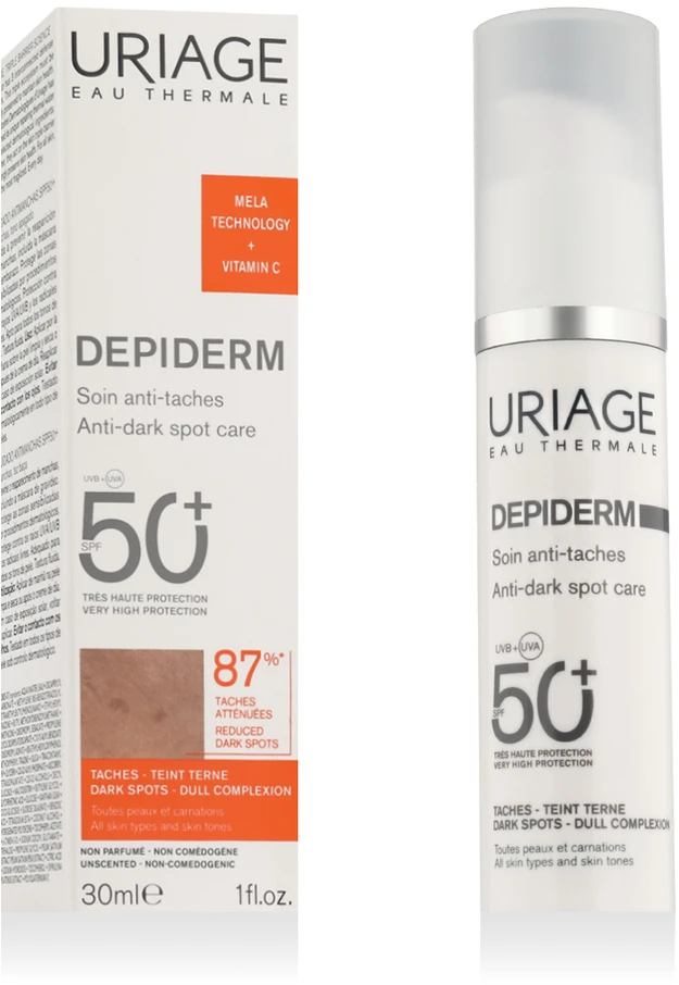 "Uriage" Odos kremas nuo pigmentinių dėmių SPF 50+ "Depiderm" (dieninė priežiūra nuo tamsių dėmių) 30 ml