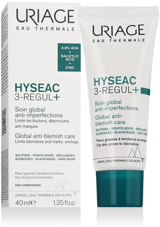 Uriage Hyseac 3 Regul+. Spuogai, inkštirai. Salicilo rūgštis/AHA 40 ml