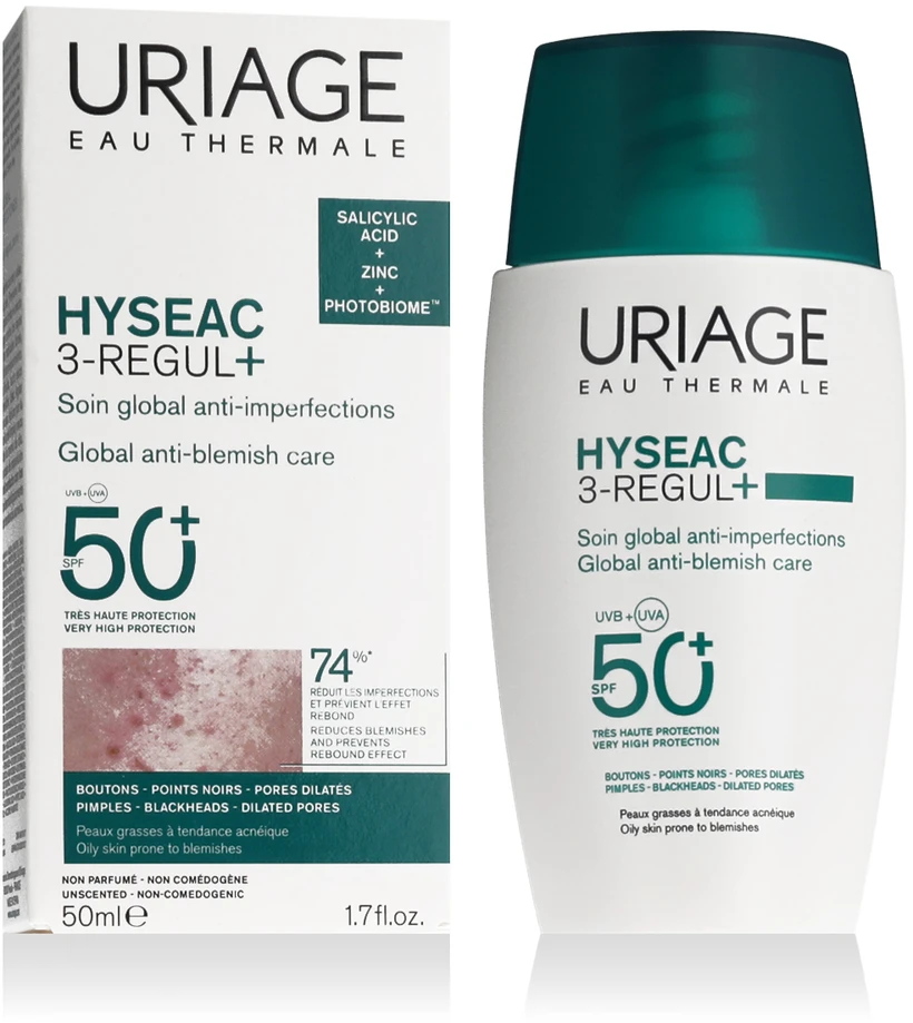 Uriage HYSEAC 3 REGUL+ globalus kremas nuo spuogų SPF50+ 50 ml