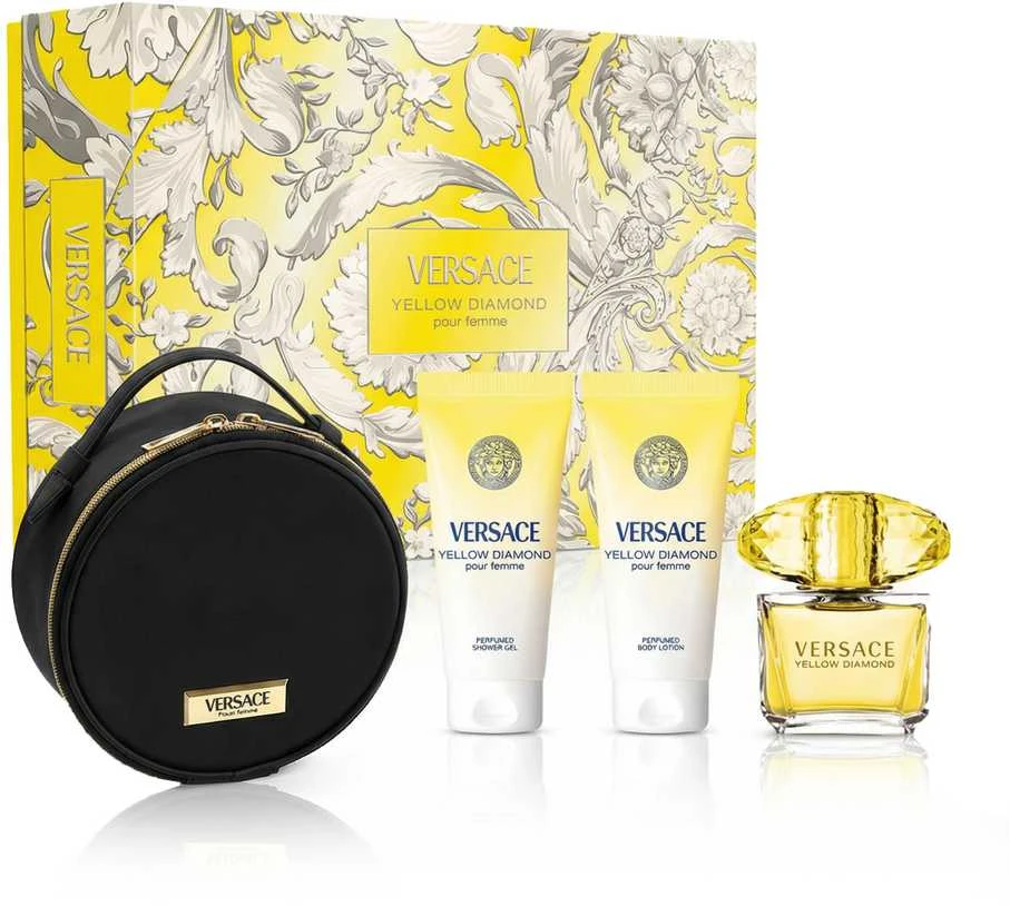 Versace Geltona Diamond rinkinys moterims (EDT, 90 ml + dušo želė, 100 ml + kūno losjonas, 100 ml + kosmetinė)