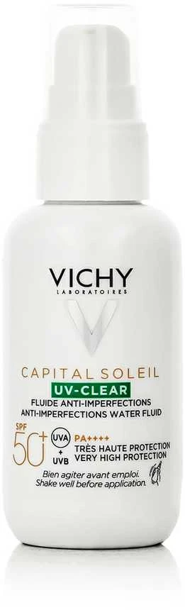 Vichy "Capital Soleil Uv Clear Fluide Anti Imperfections Spf50+" riebios odos apsauginis kremas nuo saulės su salicilo rūgštimi 40 ml