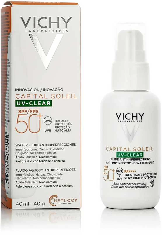 Vichy "Capital Soleil Uv Clear Fluide Anti Imperfections Spf50+" riebios odos apsauginis kremas nuo saulės su salicilo rūgštimi 40 ml