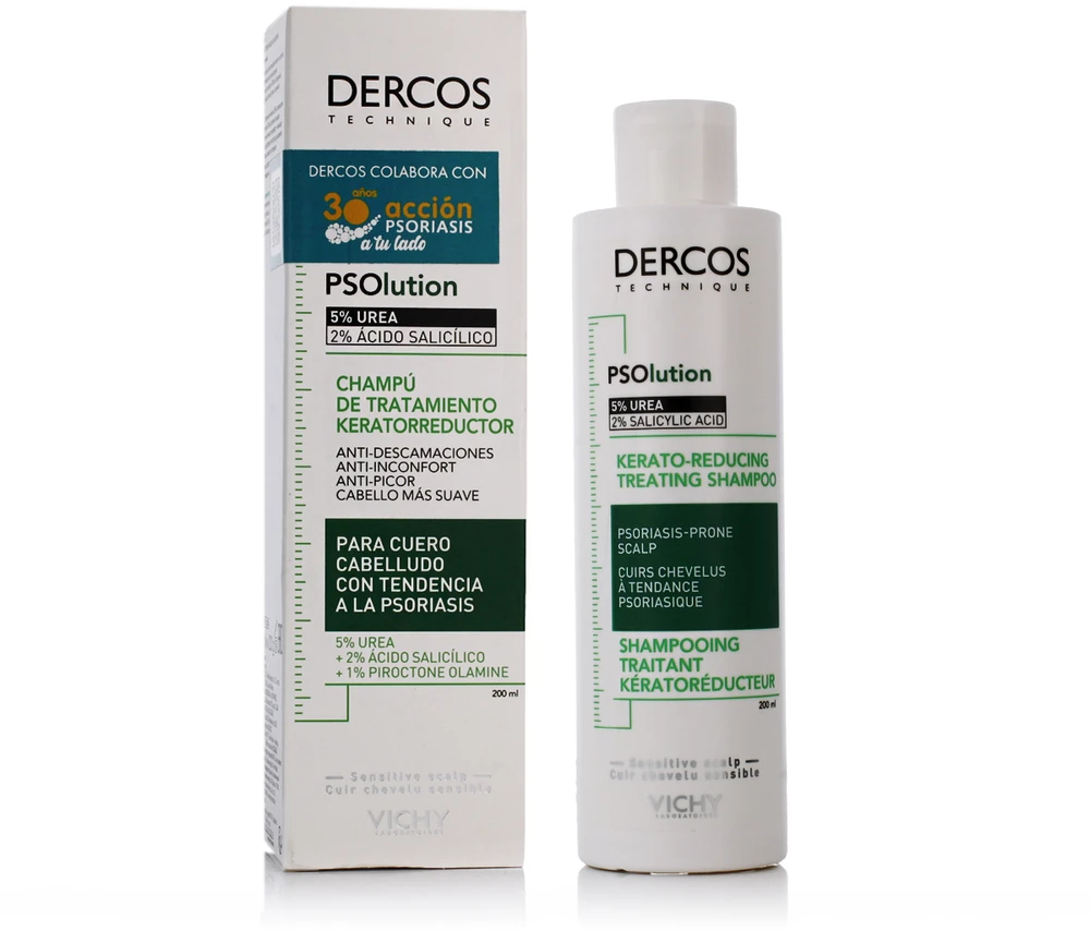 Plaukų šampūnas psoriazės pažeistai odai Vichy Dercos Psolution Shampoo Kerato-reducing Treatment, 200 ml