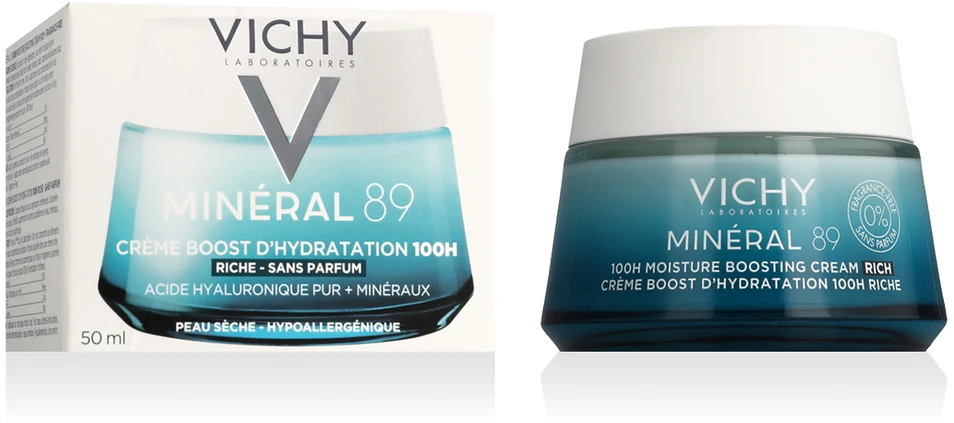 Vichy Mineral 89 100H Moisture Boosting Kreminis - Rich drėkinantis veido kremas sausai ir normaliai odai, 50 ml