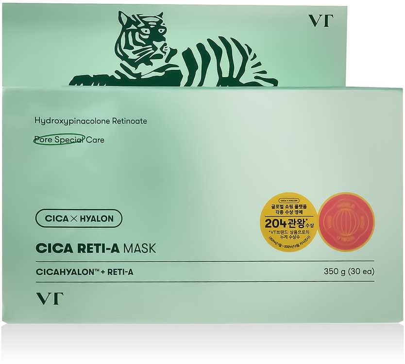 VT Cosmetics - CICA Reti-A Mask - Moisturizing and Exfoliating Face Mask Set in a Sheet - Veido kaukės su retinoliu 30 vnt/350 g
