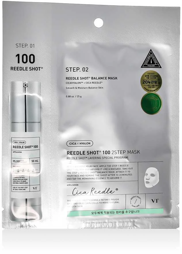 VT Cosmetics Reedle Shot 100 2-Step Mask Dviejų žingsnių stangrinanti veido kaukė, 1 vnt., 27 g aprašymas - Prekės nuotrauka