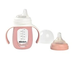 BEABA MOKOMASIS STIKLINIS BUTELIUKAS-GERTUVĖ 2IN1, 210 ML, OLD Rožinis, SILIKONINIAME DĖKLE