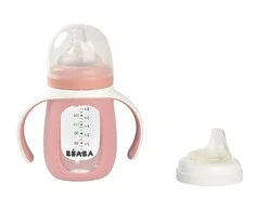 BEABA MOKOMASIS STIKLINIS BUTELIUKAS-GERTUVĖ 2IN1, 210 ML, OLD Rožinis, SILIKONINIAME DĖKLE
