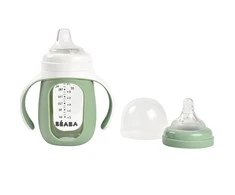 BEABA MOKOMASIS STIKLINIS BUTELIUKAS-GERTUVĖ 2IN1, 210 ML, SAGE Žalias, SILIKONINIAME DĖKLE