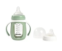 BEABA MOKOMASIS STIKLINIS BUTELIUKAS-GERTUVĖ 2IN1, 210 ML, SAGE Žalias, SILIKONINIAME DĖKLE