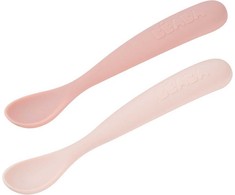 BEABA PRADINIO MAITINIMO SILIKONINIŲ 2 VNT.ŠAUKŠTELIŲ RINKINYS SU DĖŽUTE, COTTON CANDY / MARSHMALLOW